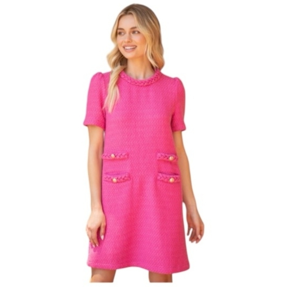 Hot Pink Short Sleeve Midi Dress with Decorative Pockets